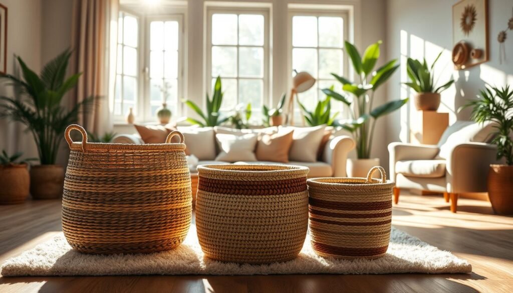 A cozy and inviting living room, with a trio of woven storage baskets arranged in the foreground. The baskets, in a mix of natural and earth-toned hues, create a distinct Boho-chic aesthetic. Sunlight streams in through large windows, casting a warm glow and gentle shadows across the scene. The baskets are positioned atop a plush area rug, complementing the neutral tones of the room's furnishings. In the middle ground, a comfortable sofa and armchair invite relaxation, while the background features lush indoor plants and subtle wall decor, further enhancing the room's organic, nature-inspired vibe. Meticulously detailed, with a sense of depth and realism, this image captures the perfect integration of functional storage and stylish Boho design.