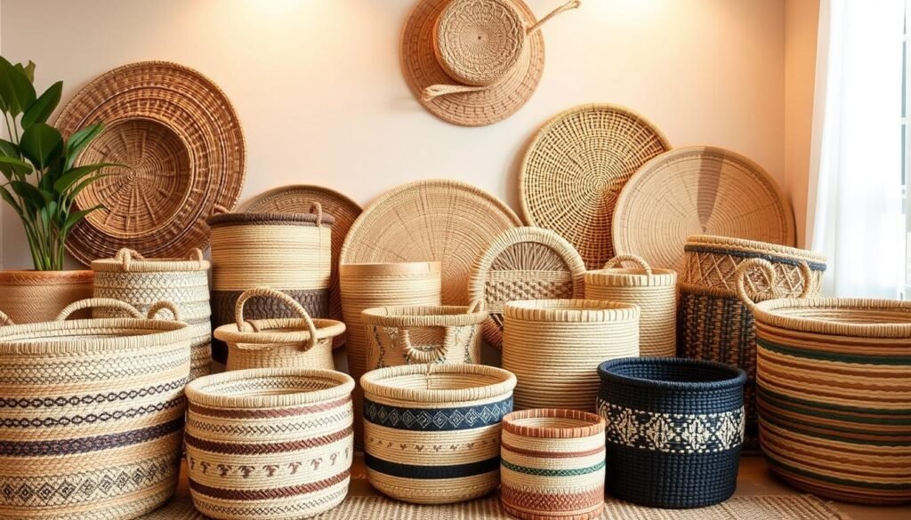 A cozy and inviting scene showcasing a variety of boho-chic storage baskets. In the foreground, an eclectic collection of woven baskets in natural tones of beige, brown, and black, adorned with intricate patterns and textures. The middle ground features a mix of rattan, seagrass, and jute baskets in various shapes and sizes, creating a visually captivating display. In the background, a neutral-toned, minimalist wall provides a clean and calming backdrop, allowing the unique details of the baskets to take center stage. The lighting is soft and warm, casting a gentle glow that enhances the natural beauty of the materials. The overall atmosphere evokes a sense of bohemian elegance and functionality, perfectly suited for the "Types of Boho Storage Baskets" section of the article.