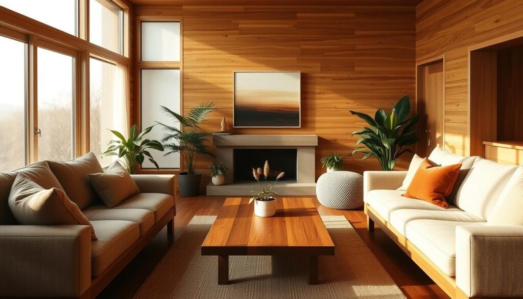 A cozy and minimal living room bathed in warm wood tones. The focal point is a sleek, low-profile wooden coffee table surrounded by plush, neutral-colored seating. Soft, diffused lighting filters in through large windows, casting a gentle glow over the space. The walls are adorned with a single, minimalist piece of art, allowing the natural materials to take center stage. Lush potted plants add a touch of greenery, complementing the organic aesthetic. The room exudes a sense of tranquility and understated elegance, inviting one to pause and unwind.