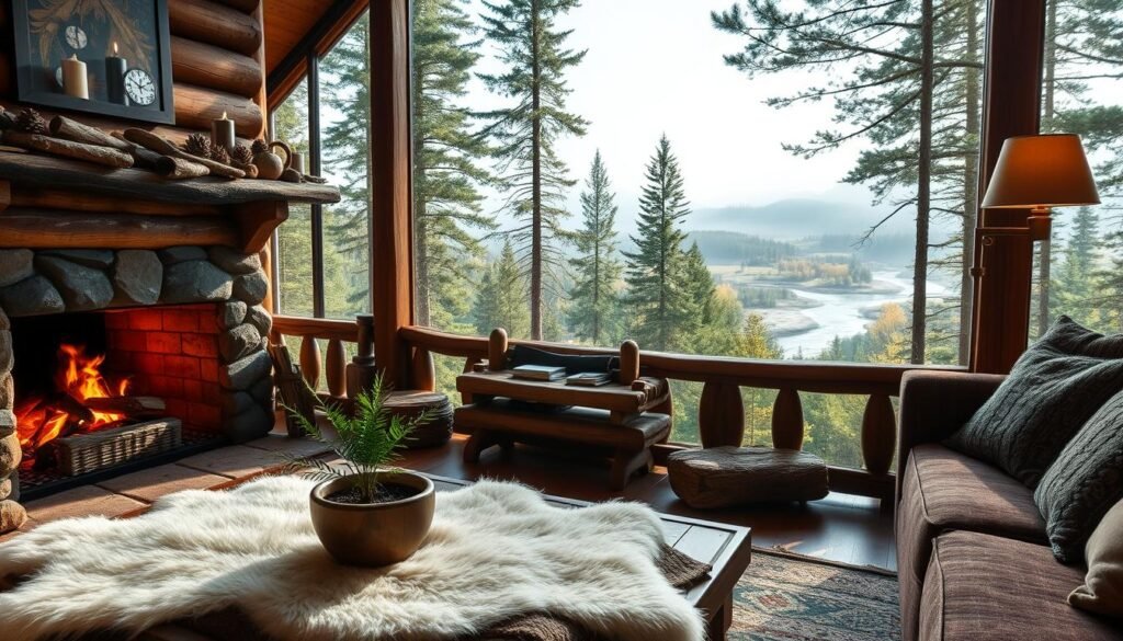 A cozy cabin nestled in a lush forest, sunlight filtering through the canopy of evergreen trees. In the foreground, a rustic wooden coffee table is adorned with a plush sheepskin rug, a potted fern, and a few river stones. On the mantel above a crackling fireplace, an array of weathered driftwood, pinecones, and candlesticks create a warm, natural ambiance. Through the large windows, a panoramic view of a gently flowing stream and rolling hills in the distance, blanketed in a soft, misty haze. Warm, ambient lighting casts a golden glow throughout the space, evoking a sense of comfort and tranquility.