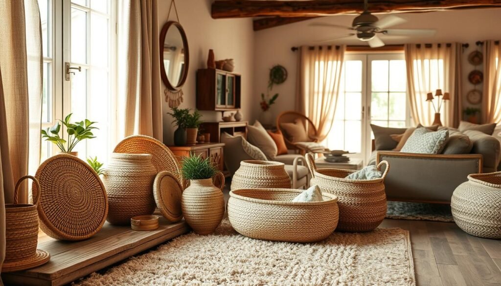 A cozy corner in a rustic home, bathed in warm, natural light filtering through linen curtains. In the foreground, an artfully arranged collection of boho-inspired woven baskets in earthy tones and textures - some round, some oblong, some with intricate patterns, all exuding a sense of casual elegance. The baskets are showcased on a weathered wood surface, complemented by a few potted plants and small decorative accents. The middle ground features a plush, neutral-toned area rug, while the background suggests the presence of other inviting furniture pieces, hinting at a harmonious, well-designed living space. The overall mood is one of relaxed sophistication, reflecting the versatility and charm of the styled boho baskets.