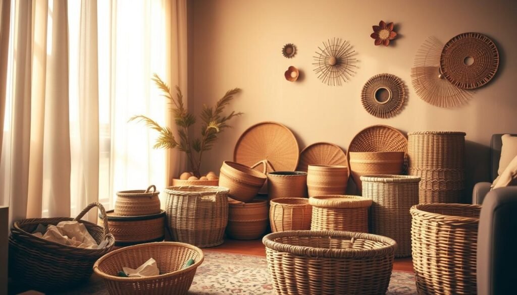 A cozy corner of a bohemian living room, showcasing a collection of stylishly mismatched woven baskets and storage containers. Soft, diffused natural lighting filters through sheer curtains, casting a warm, golden glow. In the foreground, a few baskets sit haphazardly, their contents spilling out. In the middle ground, an eclectic assortment of baskets in various shapes, sizes, and textures are arranged with a lack of cohesion. The background features a neutral-toned wall, with a few pieces of boho-inspired wall decor adding visual interest. The overall scene conveys a sense of disorganization and missed opportunities, highlighting the importance of careful boho basket styling and placement.