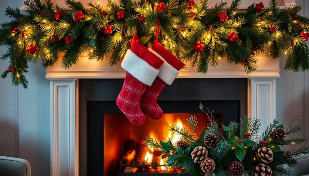 A cozy fireplace mantel adorned with a lush garland of evergreen boughs, red berries, and twinkling fairy lights. Hanging from the mantel, a pair of stockings in a classic red and white pattern, plump and inviting. The warm glow of the fireplace casts a soft, ambient light across the scene, creating a sense of holiday magic and comfort. In the foreground, a decorative vase overflows with pinecones, sprigs of holly, and other natural elements, complementing the rustic-chic aesthetic. The overall atmosphere is one of peaceful, seasonal tranquility, perfect for a festive living room display. A cozy fireplace mantel adorned with a lush garland of evergreen boughs, red berries, and twinkling fairy lights. Hanging from the mantel, a pair of stockings in a classic red and white pattern, plump and inviting. The warm glow of the fireplace casts a soft, ambient light across the scene, creating a sense of holiday magic and comfort. In the foreground, a decorative vase overflows with pinecones, sprigs of holly, and other natural elements, complementing the rustic-chic aesthetic. The overall atmosphere is one of peaceful, seasonal tranquility, perfect for a festive living room display.