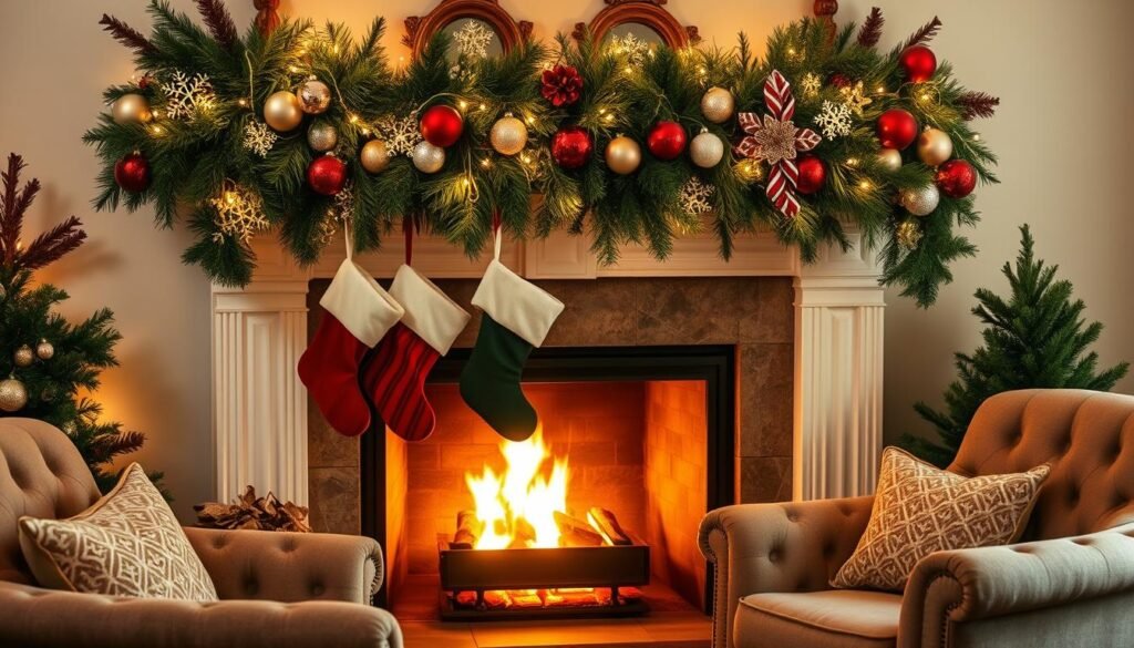 A cozy fireplace mantel adorned with lush evergreen garlands, sparkling lights, and festive ornaments. Stockings hang from the hearth, casting warm, inviting shadows. A crackling fire glows softly, illuminating the scene with a golden radiance. Plush armchairs sit nearby, inviting guests to relax and enjoy the holiday ambiance. The image conveys a sense of safety, comfort, and seasonal cheer, perfect for highlighting fireplace decor and safety tips. A cozy fireplace mantel adorned with lush evergreen garlands, sparkling lights, and festive ornaments. Stockings hang from the hearth, casting warm, inviting shadows. A crackling fire glows softly, illuminating the scene with a golden radiance. Plush armchairs sit nearby, inviting guests to relax and enjoy the holiday ambiance. The image conveys a sense of safety, comfort, and seasonal cheer, perfect for highlighting fireplace decor and safety tips.