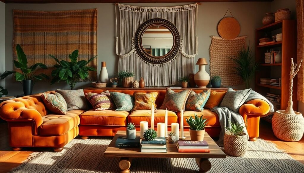 A cozy, inviting bohemian living room with warm, natural lighting. The foreground features a plush, tufted velvet sofa in a rich, earthy tone, accented by an array of colorful, patterned throw pillows. In the middle ground, a low, wooden coffee table is adorned with a scattering of books, candles, and a cluster of potted plants. Behind, a wall is covered in a tapestry or macrame hanging, complemented by woven baskets and a large, ornate mirror. The background showcases an eclectic mix of textures, from woven rugs to wooden shelves displaying decorative items. The overall atmosphere is one of relaxed, creative and bohemian sophistication.