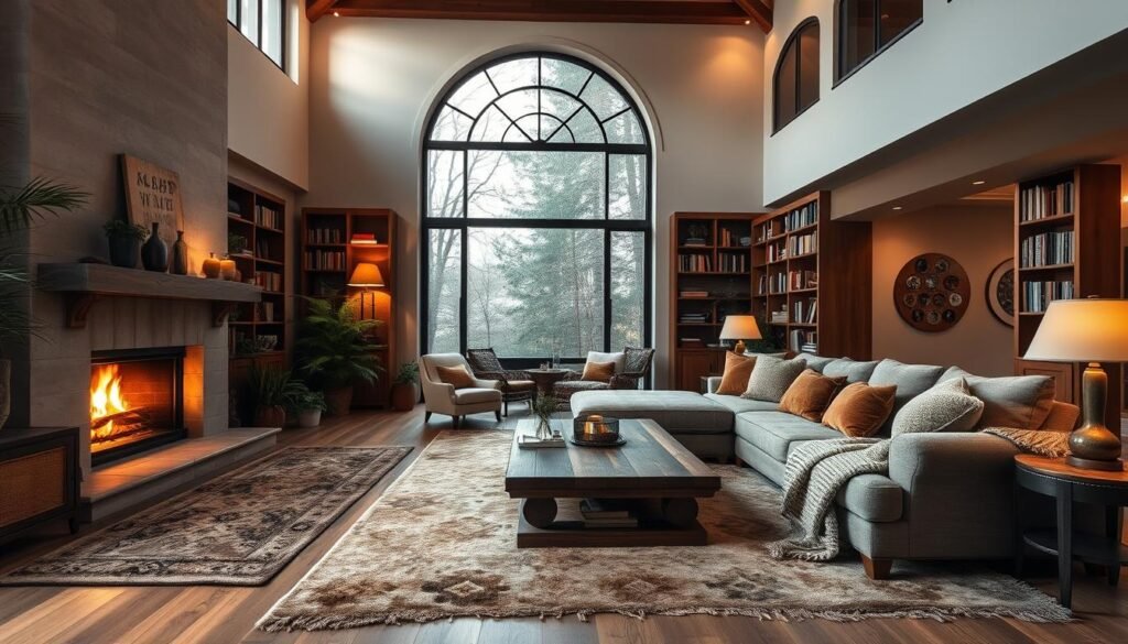 A cozy, inviting living room in a large, open-concept space. Soft lighting from floor lamps and a roaring fireplace casts a warm glow, while plush area rugs and an oversized sectional sofa create a sense of intimacy. Textured throw blankets and decorative pillows in earthy tones add layers of comfort. Potted plants and a rustic wooden coffee table ground the space, while a large arched window floods the room with natural light. The high ceilings are accentuated by floor-to-ceiling bookshelves, creating a sense of depth and scale. An overall atmosphere of comfort and relaxation, perfect for a cozy evening at home.