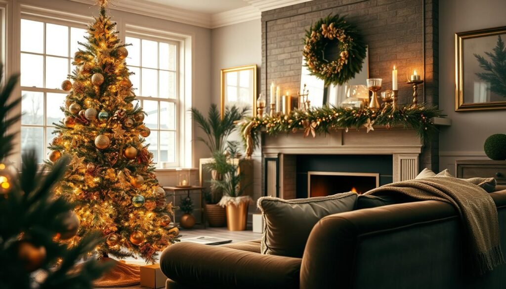 A cozy living room adorned with a stylish holiday decor, featuring metallic accents that shimmer in the soft, warm lighting. In the foreground, an elegant Christmas tree stands tall, its branches laden with a mix of shiny ornaments, tinsel, and twinkling fairy lights. On the mantelpiece, a collection of metallic candle holders and vases reflect the firelight, casting a golden glow across the room. The middle ground showcases a plush velvet sofa, draped with a metallic throw blanket, complemented by metallic-framed artwork on the walls. In the background, large windows allow natural light to filter in, creating a cozy and inviting atmosphere, perfect for a festive holiday gathering. A cozy living room adorned with a stylish holiday decor, featuring metallic accents that shimmer in the soft, warm lighting. In the foreground, an elegant Christmas tree stands tall, its branches laden with a mix of shiny ornaments, tinsel, and twinkling fairy lights. On the mantelpiece, a collection of metallic candle holders and vases reflect the firelight, casting a golden glow across the room. The middle ground showcases a plush velvet sofa, draped with a metallic throw blanket, complemented by metallic-framed artwork on the walls. In the background, large windows allow natural light to filter in, creating a cozy and inviting atmosphere, perfect for a festive holiday gathering.
