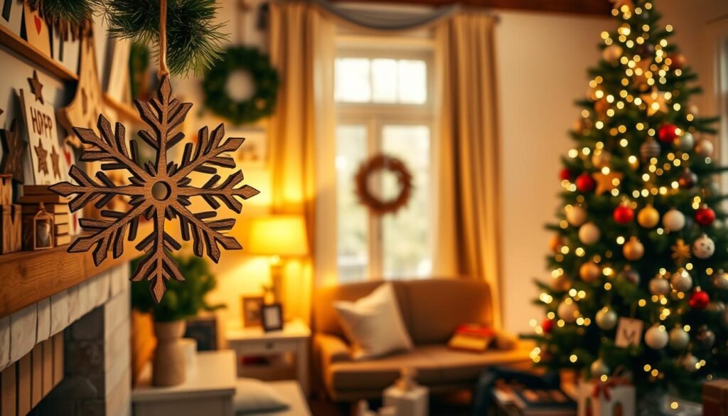 A cozy living room adorned with a variety of handcrafted Christmas decorations, bathed in warm, soft lighting. In the foreground, a beautifully crafted wooden snowflake ornament hangs from the mantel, its intricate design casting delicate shadows. In the middle ground, a collection of personalized holiday trinkets - including a rustic pine cone wreath and a whimsical pom-pom garland - adorn the shelves and side tables. The background features a large, twinkling Christmas tree, its branches laden with homemade paper ornaments and twinkling fairy lights. The overall atmosphere evokes a sense of hygge and festive DIY charm. A cozy living room adorned with a variety of handcrafted Christmas decorations, bathed in warm, soft lighting. In the foreground, a beautifully crafted wooden snowflake ornament hangs from the mantel, its intricate design casting delicate shadows. In the middle ground, a collection of personalized holiday trinkets - including a rustic pine cone wreath and a whimsical pom-pom garland - adorn the shelves and side tables. The background features a large, twinkling Christmas tree, its branches laden with homemade paper ornaments and twinkling fairy lights. The overall atmosphere evokes a sense of hygge and festive DIY charm.