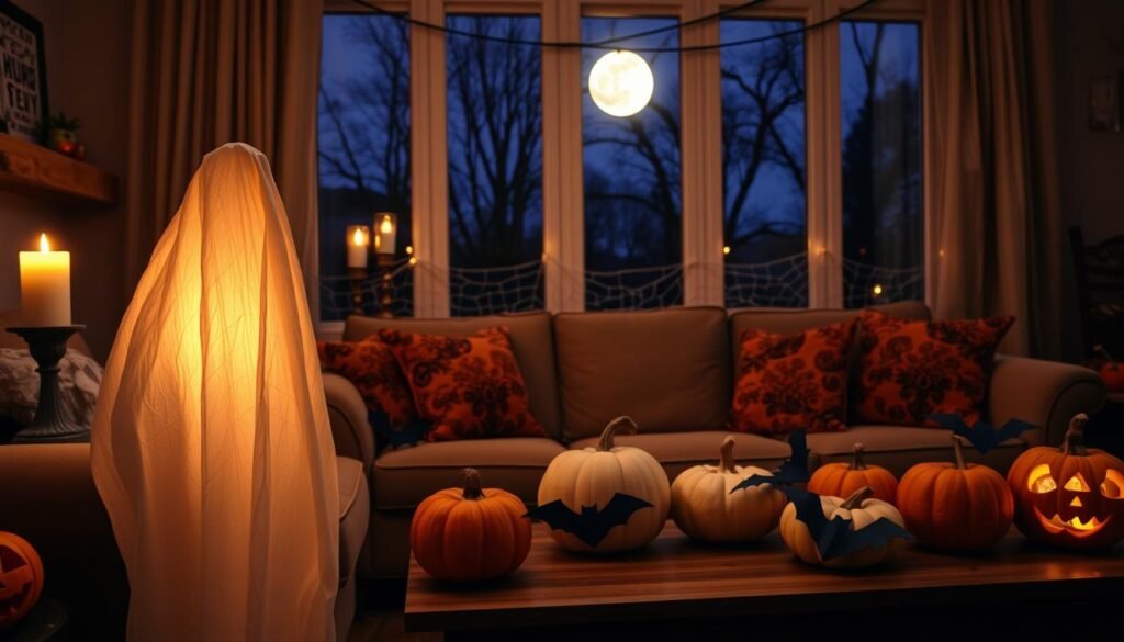 A cozy living room filled with budget-friendly Halloween decor. In the foreground, a simple DIY ghost made from a sheet draped over a candle holder casts a warm, flickering glow. Vintage-inspired orange and black patterned throw pillows adorn a plush sofa, complemented by a handmade spider web garland strung across the mantel. In the middle ground, carved pumpkins of various sizes line the wooden coffee table, some adorned with simple black paper bats. The background features a large window overlooking a moonlit autumn landscape, with silhouetted bare trees against a deep indigo sky. Soft, ambient lighting creates a inviting, spooky atmosphere perfect for a budget-friendly Halloween celebration.