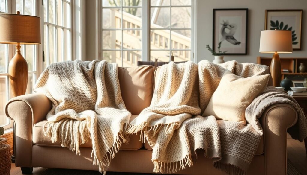 A cozy living room scene with an array of budget-friendly throws draped casually across a plush sofa. The throws feature a variety of soft, muted colors and textures, such as thick knits, fuzzy faux-fur, and patterned cotton weaves. The lighting is warm and inviting, with a mix of natural daylight streaming in through large windows and the gentle glow of a table lamp casting a soft ambiance. The room's decor is simple yet stylish, with minimal accessories that allow the throws to take center stage as the focal point. The overall atmosphere is one of comfort, relaxation, and a touch of rustic elegance.