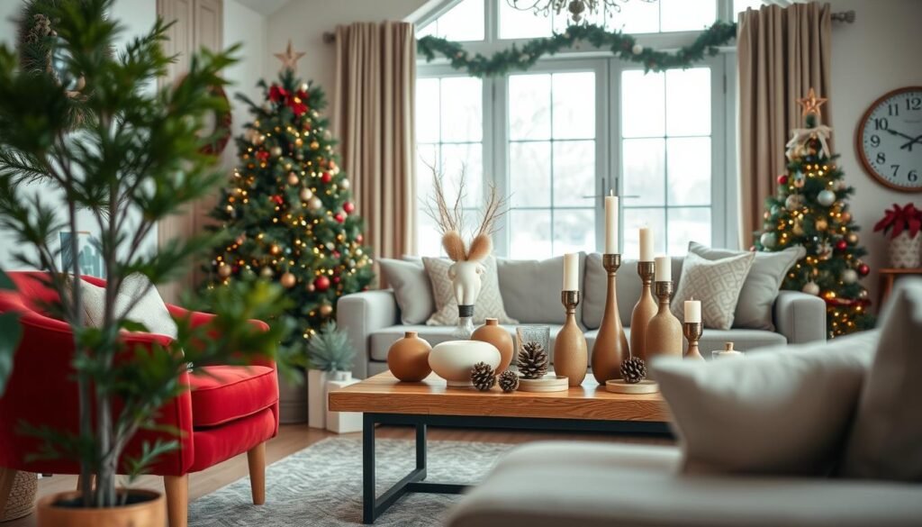 A cozy living room setting showcasing a variety of Christmas decor color palettes. In the foreground, a plush red armchair and a lush green potted plant create a classic holiday vibe. The middle ground features a wooden coffee table topped with neutral-toned vases, candles, and pinecones, reflecting a more modern aesthetic. In the background, a large window floods the room with natural light, casting a warm glow over the entire scene. The lighting is soft and diffused, accentuating the textures and hues of the decorations. The camera angle is slightly elevated, providing a welcoming and inviting perspective. The overall mood is one of festive elegance and cozy sophistication. A cozy living room setting showcasing a variety of Christmas decor color palettes. In the foreground, a plush red armchair and a lush green potted plant create a classic holiday vibe. The middle ground features a wooden coffee table topped with neutral-toned vases, candles, and pinecones, reflecting a more modern aesthetic. In the background, a large window floods the room with natural light, casting a warm glow over the entire scene. The lighting is soft and diffused, accentuating the textures and hues of the decorations. The camera angle is slightly elevated, providing a welcoming and inviting perspective. The overall mood is one of festive elegance and cozy sophistication.