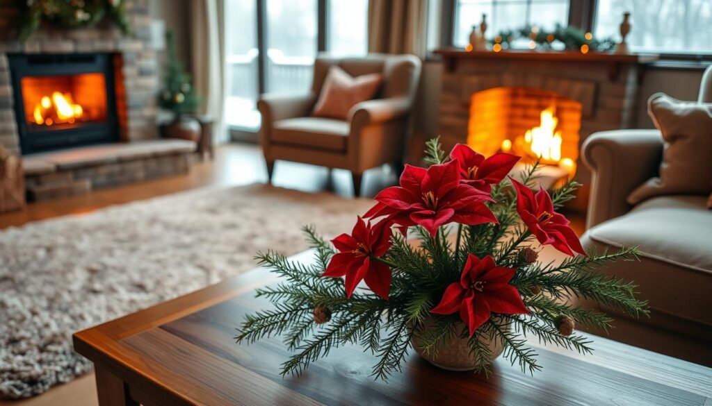 A cozy living room with a crackling fireplace, its warm glow casting a soft, inviting ambiance. In the foreground, a delicate bouquet of seasonal flowers - crimson poinsettias, fragrant pine boughs, and sprigs of fresh rosemary - rests atop a polished wooden coffee table. The middle ground features a plush, earthy-toned rug and a pair of overstuffed armchairs, their rich textures beckoning one to sink in and savor the subtle, comforting scents of the season. In the background, floor-to-ceiling windows reveal a gently falling snowscape, its muted hues complementing the cozy, intimate atmosphere within. A cozy living room with a crackling fireplace, its warm glow casting a soft, inviting ambiance. In the foreground, a delicate bouquet of seasonal flowers - crimson poinsettias, fragrant pine boughs, and sprigs of fresh rosemary - rests atop a polished wooden coffee table. The middle ground features a plush, earthy-toned rug and a pair of overstuffed armchairs, their rich textures beckoning one to sink in and savor the subtle, comforting scents of the season. In the background, floor-to-ceiling windows reveal a gently falling snowscape, its muted hues complementing the cozy, intimate atmosphere within.