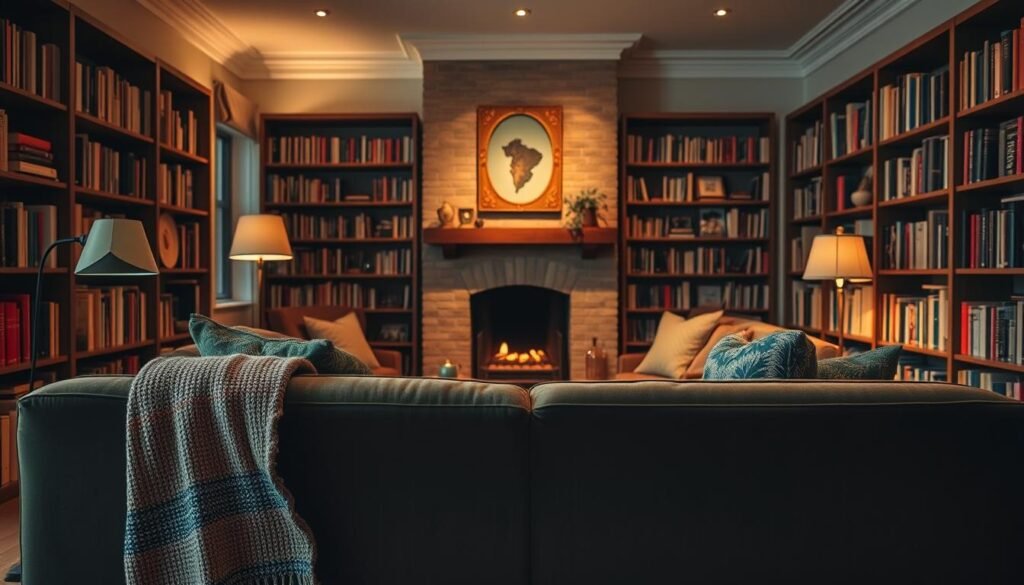 A cozy living room with a plush velvet sofa positioned in the foreground, illuminated by warm, ambient lighting from a floor lamp and a fireplace in the middle ground. Bookshelves line the walls, creating a sense of comfort and intellectual contemplation. The room is decorated with plush textiles, such as a woven throw blanket and decorative pillows, adding to the inviting atmosphere. The color palette features rich, earthy tones, with pops of muted greens and blues. The scene is captured from a slightly elevated angle, allowing the viewer to take in the entirety of the harmonious, intimate space.