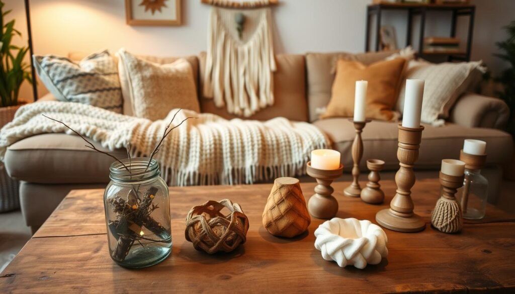 A cozy living room with a rustic wooden table showcasing an array of handcrafted decorative pieces. In the foreground, there are various DIY projects such as a vase made from a repurposed glass jar, a framed wall hanging with natural elements, and a set of decorative candle holders. The middle ground features a soft knitted throw blanket and plush cushions, creating a inviting and comfortable atmosphere. The background is illuminated by warm, diffused lighting, highlighting the natural textures and colors of the room's decor. The overall scene conveys a sense of homemade charm and personal style, inspiring the viewer to explore their own DIY decor possibilities.