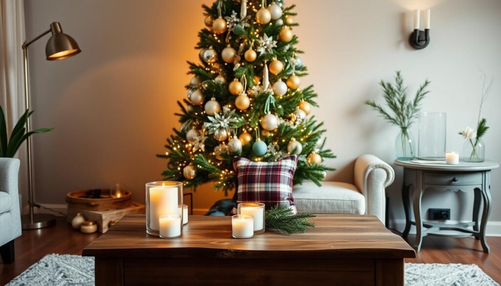 A cozy living room with a stylish Christmas tree adorned with elegant gold and silver ornaments, its twinkling lights casting a warm glow. In the foreground, a rustic wooden coffee table holds festive candles and a plaid throw pillow, creating a sense of affordable luxury. Flanking the tree, two vintage-inspired side tables display simple yet chic holiday decor, such as glass vases filled with pine sprigs and tealights. Soft lighting from a floor lamp and wall sconces enhances the inviting atmosphere, while the neutral palette and natural textures evoke a harmonious, budget-friendly aesthetic. A cozy living room with a stylish Christmas tree adorned with elegant gold and silver ornaments, its twinkling lights casting a warm glow. In the foreground, a rustic wooden coffee table holds festive candles and a plaid throw pillow, creating a sense of affordable luxury. Flanking the tree, two vintage-inspired side tables display simple yet chic holiday decor, such as glass vases filled with pine sprigs and tealights. Soft lighting from a floor lamp and wall sconces enhances the inviting atmosphere, while the neutral palette and natural textures evoke a harmonious, budget-friendly aesthetic.