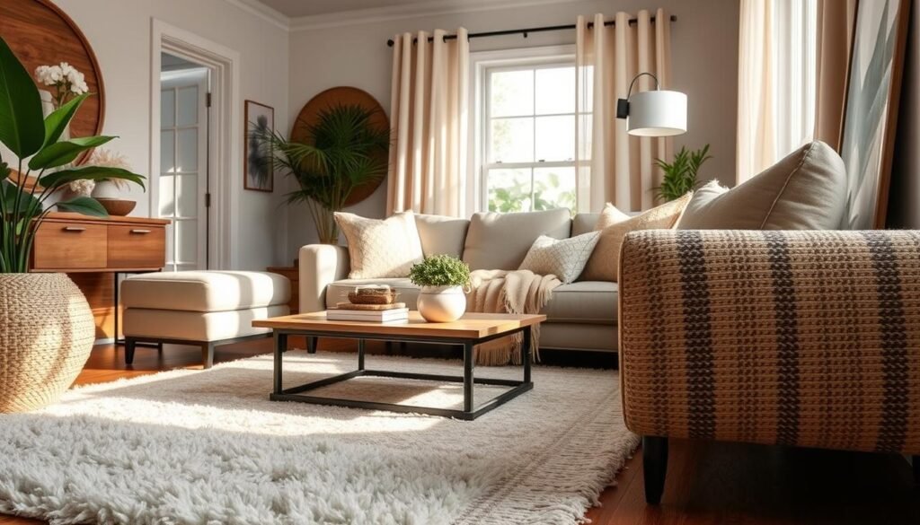 A cozy living room with a variety of chic and affordable rug materials, including plush shag, sleek sisal, and patterned jute. Soft lighting illuminates the textures, creating a warm and inviting atmosphere. The camera captures the rugs from multiple angles, highlighting their unique visual and tactile qualities. The overall composition emphasizes the beauty and versatility of these budget-friendly, yet stylish, rug options.