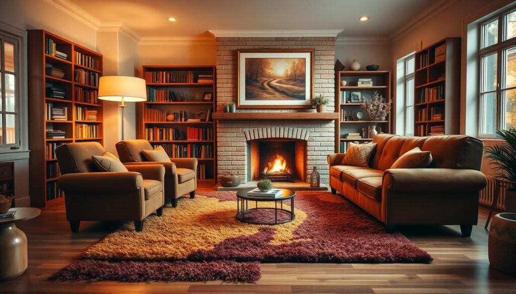 A cozy living room with a warm and inviting atmosphere. The space is filled with soft lighting from a large floor lamp, casting a golden glow across the room. Plush armchairs and a deep, tufted sofa in earthy tones of ochre and terracotta are arranged around a crackling fireplace, its flames flickering. Lush, textured area rugs in shades of burgundy and mustard cover the hardwood floors, adding to the sense of comfort and coziness. Bookshelves line the walls, their spines in muted colors, and a large, framed piece of art hangs above the mantel, tying the warm color palette together. The overall atmosphere is one of relaxation, inviting the viewer to sink into the space and experience the cozy ambiance.