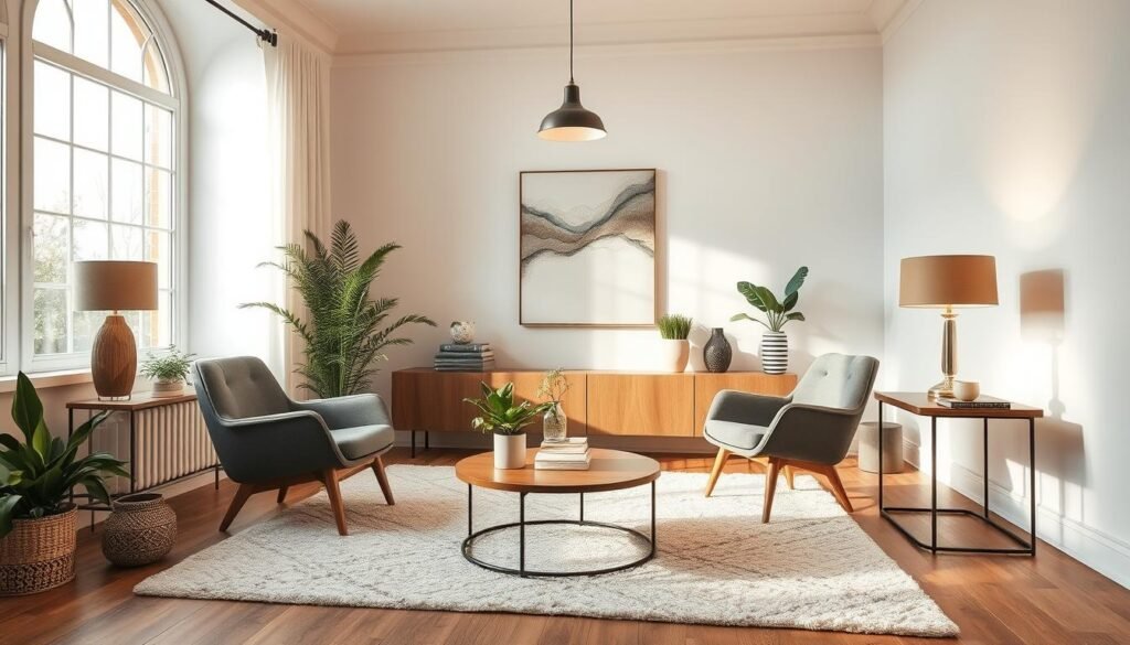 A cozy living room with a warm, inviting ambiance, featuring affordable lighting accessories. Soft, diffused lighting from a minimalist pendant lamp and a pair of sleek table lamps, casting a gentle glow across a plush area rug and a mid-century inspired armchair. Accents of greenery and metallic textures add depth and sophistication. The composition is balanced, with a clean, uncluttered aesthetic that showcases the room's tranquil atmosphere. Bright, natural light streams in through large windows, complementing the carefully curated selection of affordable, yet stylish decor pieces.