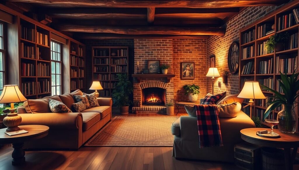 A cozy living room with a warm, inviting atmosphere. Plush, earth-toned furniture including a large, overstuffed sofa and armchair. A thick, woven area rug covers the hardwood floor. Bookshelves line the walls, filled with well-worn volumes. Soft, diffused lighting from table lamps and a crackling fireplace casts a golden glow. Rustic wooden beams and exposed brick add textural interest. Lush, potted plants and plaid throw blankets create a sense of comfort and homeliness. An overall mood of relaxation and contentment.