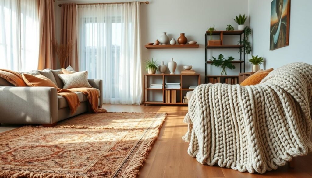 A cozy living room with layered textiles creating a warm, inviting ambiance. In the foreground, plush area rugs in earthy tones cover the hardwood floor, their intricate patterns adding visual depth. Draped over an oversized sofa, luxurious woven throws in complementary hues establish a sense of comfort. In the middle ground, natural light filters through sheer curtains, casting a soft glow and highlighting the textures of a chunky knit blanket on an armchair. In the background, a wall-mounted bookshelf displays decorative ceramic vases and potted plants, their greenery contrasting with the cozy textiles. The overall scene evokes a cozy, lived-in atmosphere perfect for relaxation.