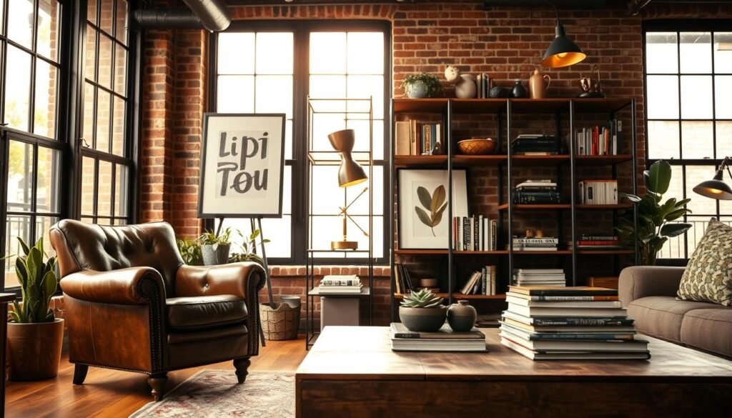 A cozy living room with personalized industrial decor. In the foreground, a vintage leather armchair and a distressed wooden coffee table, adorned with a potted succulent and a stacked pile of well-worn books. The middle ground features a sleek, steel-framed bookshelf displaying an eclectic collection of decorative objects, including a brass desk lamp and a framed abstract artwork. Warm ambient lighting filters through large windows, casting a golden glow across the space. The background showcases exposed brick walls and industrial-style pendant lights, creating a harmonious blend of modern and rustic elements. The overall mood is one of relaxed sophistication, inviting the viewer to imagine themselves nestled in this personalized urban sanctuary.