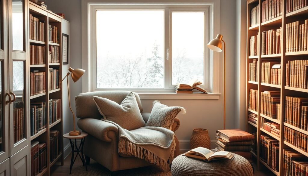 A cozy reading nook nestled in a warm and inviting winter bedroom. A plush armchair with soft throw blankets and pillows sits in a sunny corner, surrounded by bookshelves filled with leather-bound volumes. Warm lighting from a brass floor lamp casts a gentle glow, while a large window overlooking a snow-covered landscape provides a picturesque view. The space feels like a tranquil escape, perfect for curling up with a good book on a cold winter day. Photorealistic high quality image with great visual interest.