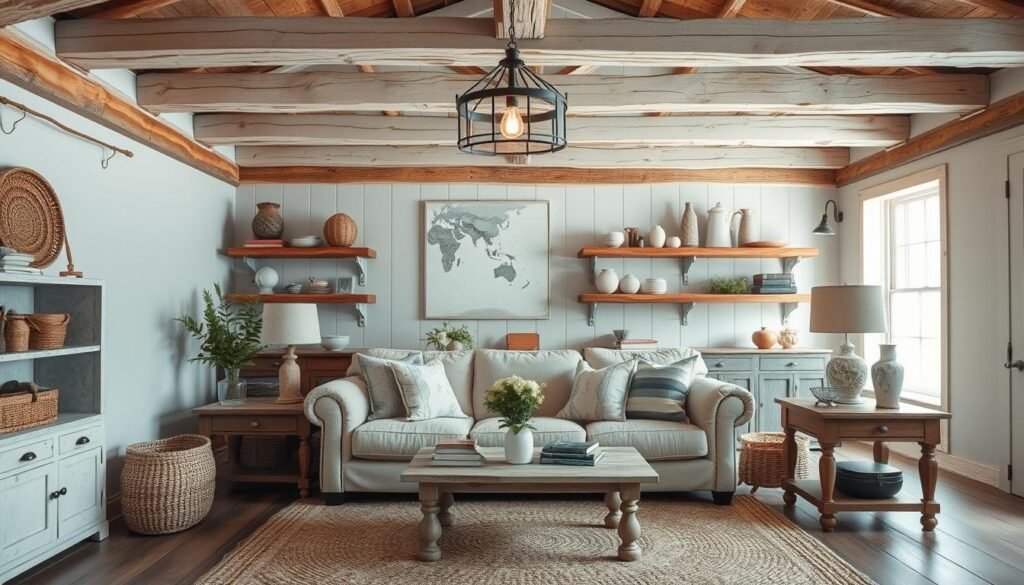 A cozy rustic farmhouse living room with weathered wood beams, a plush linen sofa, and antique-inspired accessories. Soft lighting from a vintage-style pendant casts a warm glow, highlighting the natural textures of woven baskets, distressed side tables, and a plush woven area rug. Wooden shelves display antique books, ceramic vases, and other charming trinkets, creating a lived-in, inviting atmosphere. The scene is shot with a wide-angle lens to capture the full scope of the space, showcasing the harmonious blend of modern and traditional farmhouse elements.