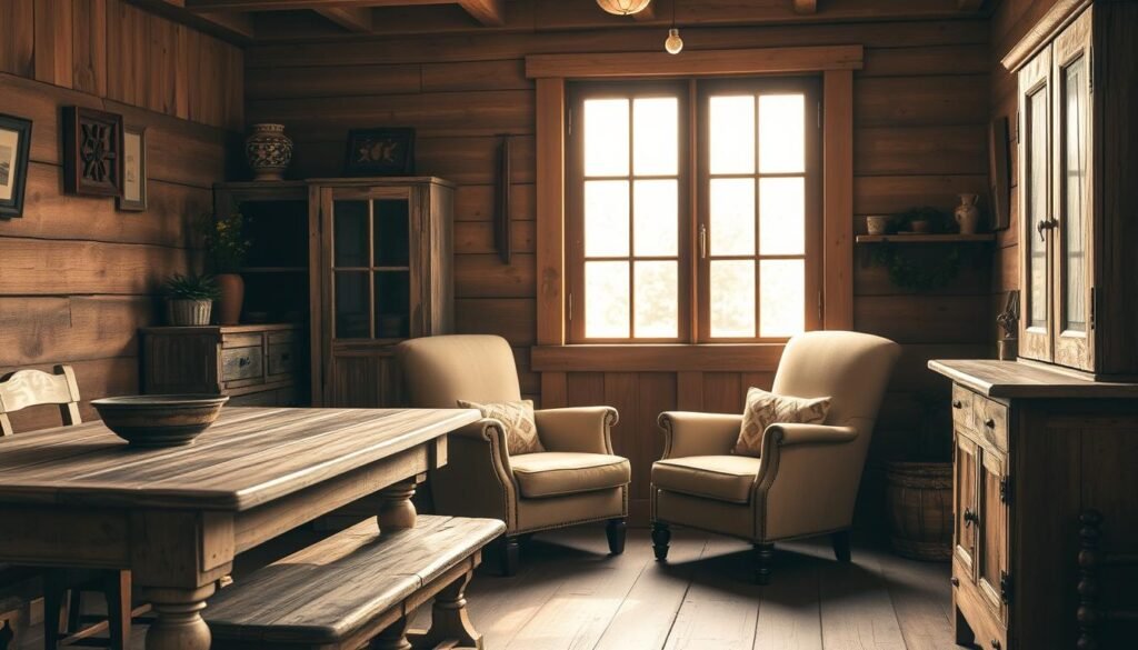 A cozy, vintage-inspired farmhouse interior with an arrangement of antique-style wooden furniture, including a sturdy dining table, plush armchair, and rustic side cabinet. Warm, soft lighting filters in through a large window, casting a golden glow on the distressed wood and weathered details. The scene evokes a sense of timeless charm and nostalgic comfort, perfect for a peaceful country retreat. Detailed textures, subtle imperfections, and a natural, earthy color palette lend an authentic, hand-crafted aesthetic to the composition.