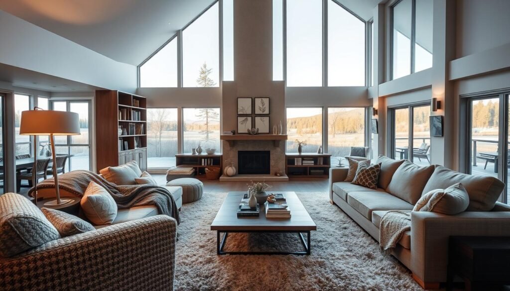 A cozy, well-appointed living room in a large, open-concept space. Soft, ambient lighting from a large floor lamp and wall sconces creates a warm, inviting atmosphere. Plush, oversized furniture, including a deep sectional sofa and armchair, is arranged around a central coffee table. Textured throw blankets, pillows, and a shaggy area rug add layers of comfort. Bookshelves and a fireplace with a mantel decor create visual interest in the middle ground. Large windows in the background offer views of a serene, natural landscape, blending the indoor and outdoor spaces. The overall scene conveys a sense of relaxation and retreat within an expansive living area.