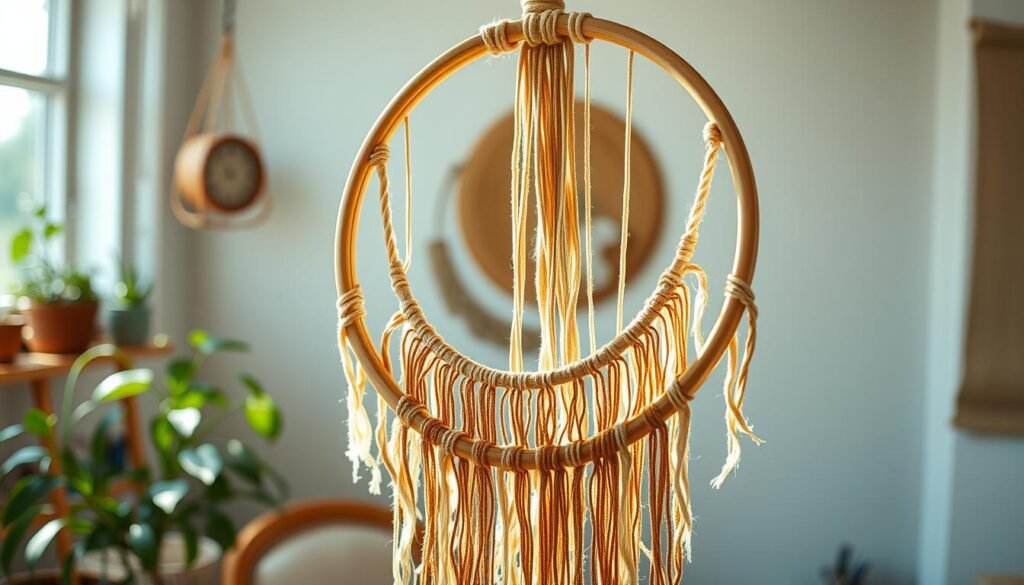 A cozy, well-lit boho-style workspace with a large wooden hoop suspended in the center. Delicate macrame threads in warm tones of beige, brown, and gold flow gracefully from the hoop, creating intricate patterns and textures. The hoop is partially wrapped, revealing the process of dreamcatcher construction. Soft, natural lighting casts a gentle glow, highlighting the intricate details of the weaving. The background is blurred, placing the focus on the mesmerizing hoop and the task at hand. Subtle plant life and textured surfaces add to the serene, handmade ambiance.