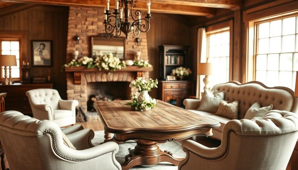 A cozy, well-lit farmhouse interior with ornate, vintage-inspired furniture pieces taking center stage. An antique wooden table with turned legs and a distressed finish sits beneath an elegant chandelier, surrounded by plush, tufted armchairs and a loveseat in neutral tones. In the background, a warm, rustic fireplace mantel adorned with delicate floral accents adds to the charming ambiance. Natural light filters in through large windows, casting a soft, golden glow throughout the scene. The overall composition conveys a sense of timeless elegance and understated sophistication.