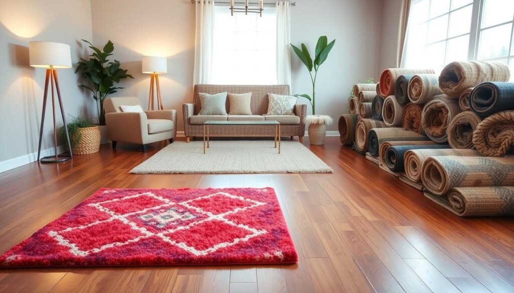 A cozy, well-lit living room showcasing a variety of affordable, high-quality rugs for home decor. In the foreground, a plush, vibrant area rug in a geometric pattern sits atop a polished hardwood floor. In the middle ground, a rustic, woven rug with natural fibers complements the room's neutral color palette. The background features a neatly organized display of rolled-up rugs in various sizes, textures, and styles, all at budget-friendly prices. Soft, diffused lighting from floor lamps and a large window creates a warm, inviting atmosphere, highlighting the rugs' intricate designs and materials. The scene conveys a sense of style and affordability, perfectly capturing the essence of the "Comparing Prices: Getting the Best Deals" section.