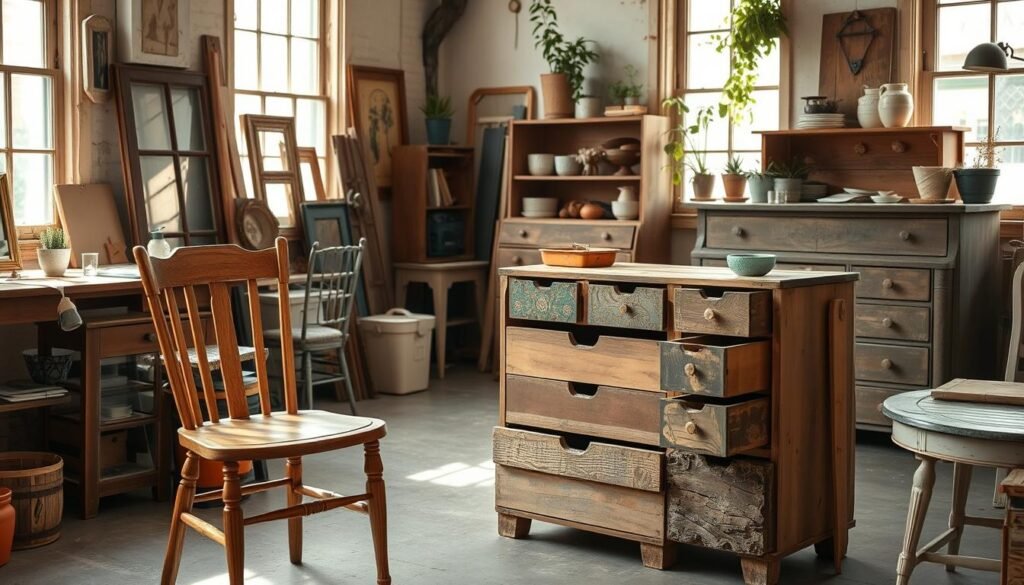 A cozy, well-lit studio space filled with a variety of upcycled furniture pieces in various stages of transformation. In the foreground, a vintage wooden chair has been repurposed into a stylish side table, its seat replaced with a sleek glass top. In the middle ground, a salvaged wooden crate has been transformed into a rustic storage unit, its rough-hewn exterior contrasting with the smooth, painted drawers. In the background, a worn-out dresser has been given new life, its drawers removed to create open shelving adorned with potted plants and decorative items. Soft, natural lighting filters through large windows, casting a warm glow over the scene and highlighting the unique textures and colors of the upcycled pieces. The overall atmosphere conveys a sense of creativity, sustainability, and the beauty of transforming ordinary furniture into extraordinary design elements.