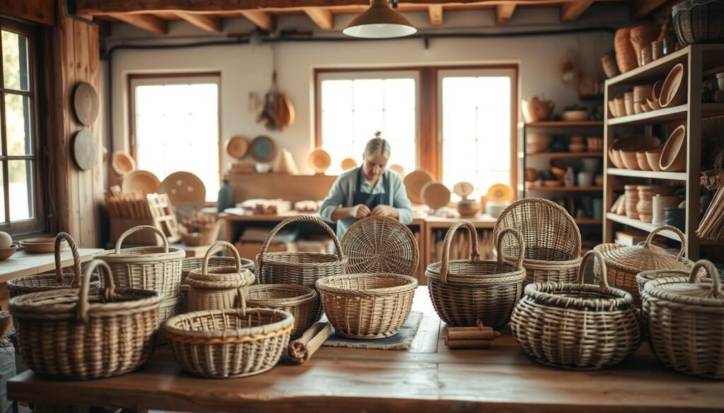 A cozy, well-lit studio space with a rustic wooden table in the foreground, adorned with various woven baskets of different shapes, sizes, and textures. Diffused natural light filters in through large windows, casting a warm, ambient glow. In the middle ground, a skilled artisan carefully examines and arranges the baskets, their hands delicately caressing the intricate patterns. The background features shelves stocked with an array of basket-making supplies, creating a harmonious, artisanal atmosphere. The scene conveys a sense of reverence and care for the craft of basket-weaving, inspiring the viewer to appreciate the beauty and utility of these handmade pieces.
