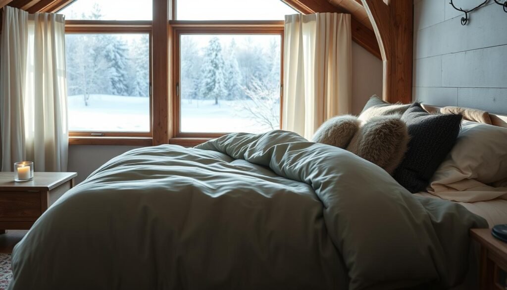 A cozy winter bedroom bathed in soft, muted tones. The focal point is a plush, oversized duvet in a calming shade of sage, accented by textured throw pillows in complementary hues of ivory and charcoal. In the foreground, a wooden nightstand with a single lit candle casts a warm, ambient glow. The background features a large window overlooking a serene, snow-covered landscape, diffused through sheer, ivory curtains. Framing the scene, wooden beams and whitewashed walls create an inviting, rustic atmosphere. Brilliant natural light filters in, casting gentle shadows and highlights throughout the space. The overall mood is one of tranquility and relaxation, perfect for a peaceful winter's rest.
