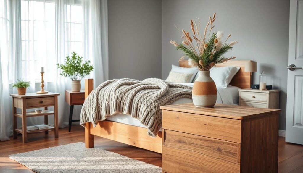 A cozy winter bedroom with a plush, knitted throw blanket draped over a wooden bed frame. Soft, diffused lighting filters through sheer curtains, casting a warm glow across the scene. Mismatched nightstands display a lush, green plant and a brass candlestick. Dried flowers and pine sprigs are artfully arranged in a rustic ceramic vase on a rough-hewn wooden dresser. The hardwood floors are covered in a neutral-toned area rug, adding texture and depth. The overall mood is serene, natural, and inviting.