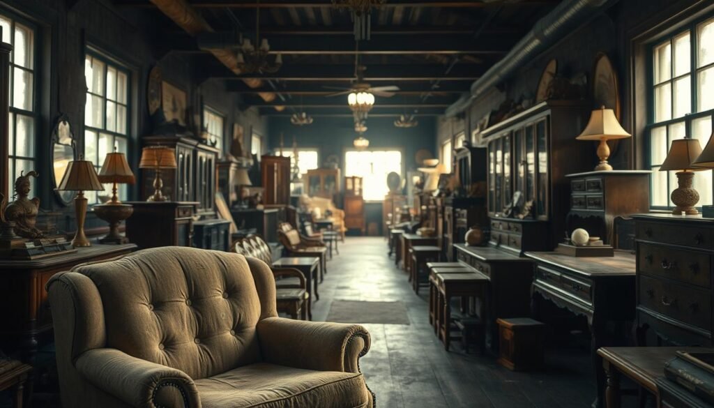 A dimly lit antique shop, the air thick with the scent of aged wood and leather. In the foreground, a weathered armchair stands, its tattered upholstery hinting at stories untold. Surrounding it, a collection of vintage end tables, lamps, and cabinets, each piece a testament to a bygone era. The middle ground is a maze of mismatched furniture, waiting to be discovered and revived. In the background, the soft glow of sunlight filters through dusty windows, casting a warm, nostalgic hue over the scene. A sense of potential and possibility permeates the space, inviting the viewer to imagine the hidden gems that await, ready to be transformed into sustainable, one-of-a-kind decor.