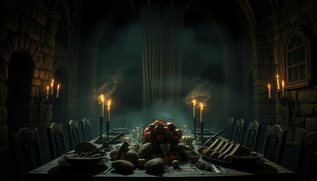 A dimly lit, cavernous dining hall with towering stone walls adorned with cobwebs and flickering candelabras. The table is set with a grim, macabre feast - blackened roasts, moldy bread, and a centerpiece of rotting fruit and withered flowers. Eerie shadows dance across the scene, as a heavy fog creeps in from the darkened corners. Flickering candlelight casts an unsettling glow, illuminating the haunted atmosphere. The air is thick with the scent of decay and the sense of unease. A single, tattered curtain billows in the drafty room, hinting at a sinister presence just out of sight. The overall mood is one of dread and foreboding, inviting the viewer to step into this haunted dining experience.