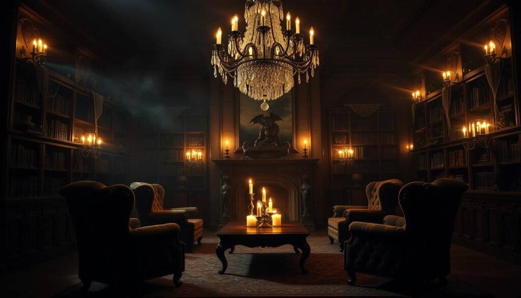 A dimly-lit living room with eerie shadows cast by flickering candlelight. Cobweb-draped bookshelves flank a large, ornate fireplace mantel adorned with carved gargoyles and candelabras. Antique armchairs upholstered in velvet sit around a low, mahogany coffee table, their intricate tufting accentuated by the warm glow. Overhead, an ornate crystal chandelier casts a ghostly illumination, its dangling crystals tinkling softly. The room is shrouded in an atmospheric haze, creating a sense of mystery and foreboding. High-contrast, cinematic lighting emphasizes the eerie ambiance, with deep shadows and moody highlights. A wide-angle lens captures the grand, imposing scale of the space, while a shallow depth of field keeps the focus on the detailed decor.