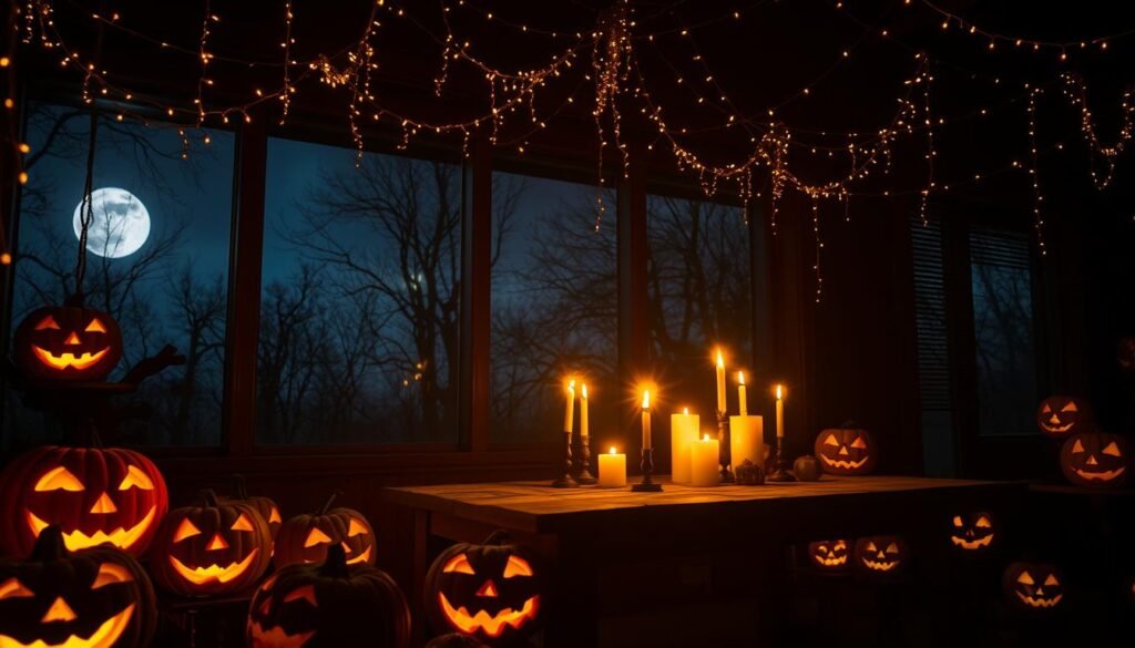 A dimly lit room, the air thick with eerie ambiance. In the foreground, an array of flickering jack-o'-lanterns, their carved faces casting a warm, haunting glow across the scene. Overhead, strands of twinkling lights dangle from the ceiling, creating a mesmerizing, celestial effect. In the middle ground, a collection of candles flicker atop a weathered wooden table, their flames dancing and casting dramatic shadows. In the background, a large window reveals a moonlit night, the silhouettes of bare trees swaying ominously. The overall atmosphere is one of enchantment and mystery, perfectly setting the stage for a captivating Halloween celebration.