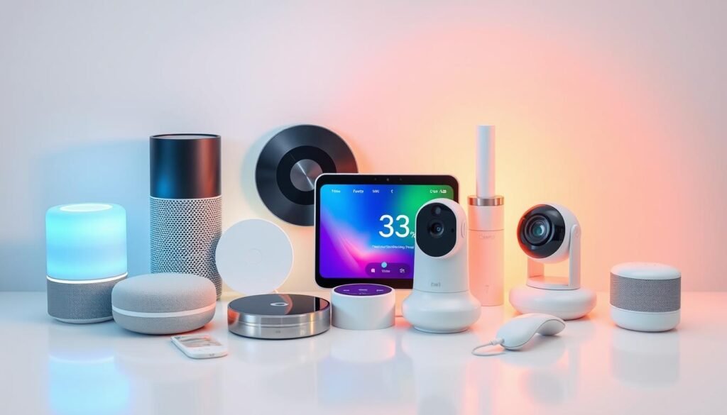 A gleaming array of modern smart home gadgets artfully arranged on a minimalist white background, illuminated by soft, diffused lighting to showcase their sleek, high-tech designs. Featuring a smart speaker, wireless charging pad, smart thermostat, security camera, and other cutting-edge home automation devices, this visually captivating image conveys the seamless integration of technology into the contemporary domestic sphere. The clean, sophisticated composition and carefully considered camera angle create a sense of balance and visual harmony, inviting the viewer to imagine how these innovative tools might enhance the comfort and convenience of their own living space.