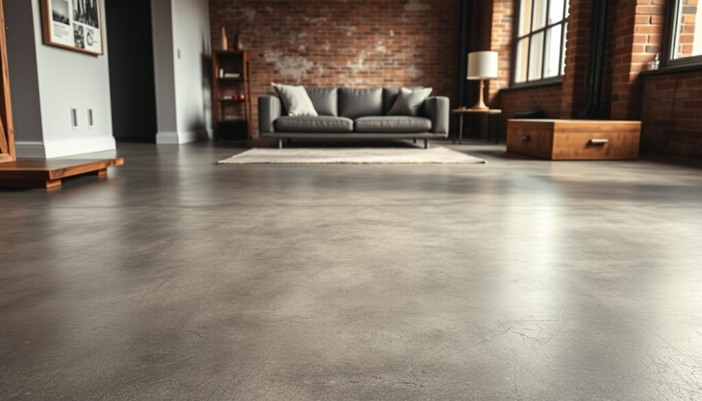 A gritty, industrial-style flooring that commands attention in an urban living room setting. Smooth, polished concrete with subtle grooves and imperfections, creating a rugged yet refined aesthetic. Warm, diffused lighting casts soft shadows, accentuating the textural details. The flooring stretches across the frame, leading the eye towards a minimalist furniture arrangement. Subtle hints of worn metal and exposed brick in the background, echoing the industrial design theme. An atmosphere of understated elegance and purposeful simplicity, perfectly complementing the section's title "The Role of Flooring in Industrial Design".