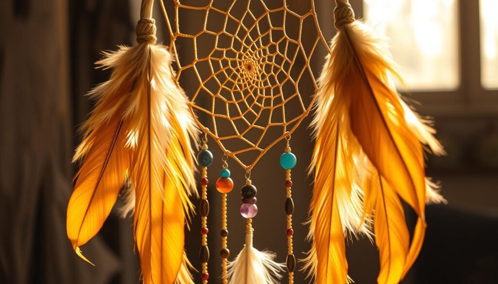 A handmade dreamcatcher hangs in a rustic, boho-chic setting. Feathers in earthy tones sway gently, their delicate barbs catching the warm, golden light. Strands of beads in shades of amber, turquoise, and amethyst are carefully woven into the dreamcatcher's intricate web, adding pops of color and texture. The dreamcatcher's hoop is made from natural wood, its rough grain contrasting with the soft, wispy feathers. The overall composition has a serene, calming atmosphere, inviting the viewer to pause and appreciate the craftsmanship and natural beauty of this handmade piece.