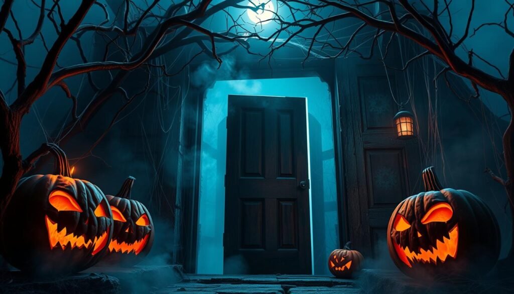 A haunting entryway, shrouded in an eerie mist, invites guests into a twisted, otherworldly realm. Skeletal branches twist overhead, their bony fingers grasping at the air. Carved pumpkins with flickering candles cast an ominous glow, their jagged grins leering from the shadows. A weathered wooden door, its surface cracked and distressed, stands ajar, beckoning the brave to cross the threshold. Cobwebs cling to the corners, hinting at the supernatural forces that lurk within. The scene is bathed in a cool, bluish light, creating an unsettling atmosphere that sets the heart racing. Photorealistic, high-quality, and stunning.