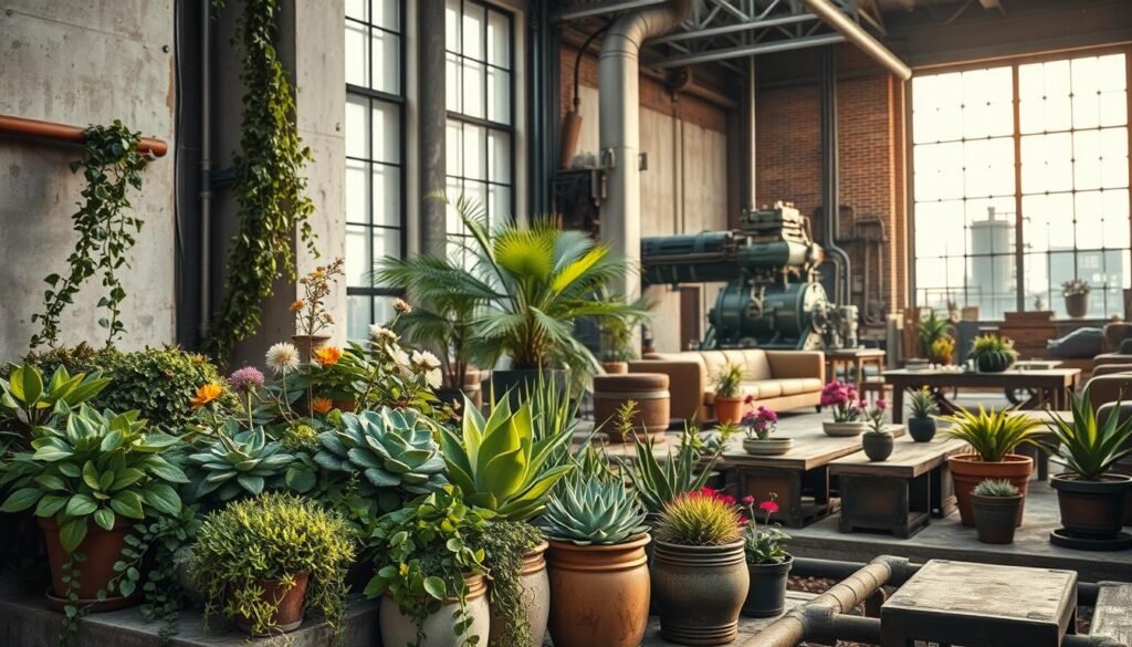 A lush, verdant oasis thriving within a rugged, industrial landscape. In the foreground, a diverse arrangement of potted plants - cascading vines, sculptural succulents, and vibrant blooms - strategically placed amidst weathered concrete and metal surfaces. The middle ground features a mix of reclaimed furniture and exposed piping, creating a harmonious blend of organic and industrial elements. Warm, diffused lighting filters through large, industrial-style windows, casting a soft, inviting glow and accentuating the textures of the environment. The background showcases towering concrete walls, weathered brickwork, and the faint silhouettes of heavy machinery, establishing a captivating contrast between the natural and the man-made.