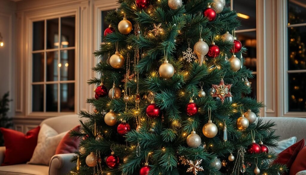 A luxurious, elegantly-styled Christmas tree stands tall in a warm, cozy living room. The tree's lush evergreen branches are adorned with a harmonious array of exquisite ornaments - classic glass baubles in shimmering gold and crimson, delicate crystal icicles, and a sprinkling of twinkling fairy lights. The lighting is soft and ambient, casting a gentle glow that enhances the ornaments' radiance. The tree is positioned against a backdrop of plush, neutral-toned furniture and decor, creating a visually-balanced, sophisticated scene. The overall atmosphere is one of refined elegance and holiday cheer. A luxurious, elegantly-styled Christmas tree stands tall in a warm, cozy living room. The tree's lush evergreen branches are adorned with a harmonious array of exquisite ornaments - classic glass baubles in shimmering gold and crimson, delicate crystal icicles, and a sprinkling of twinkling fairy lights. The lighting is soft and ambient, casting a gentle glow that enhances the ornaments' radiance. The tree is positioned against a backdrop of plush, neutral-toned furniture and decor, creating a visually-balanced, sophisticated scene. The overall atmosphere is one of refined elegance and holiday cheer.