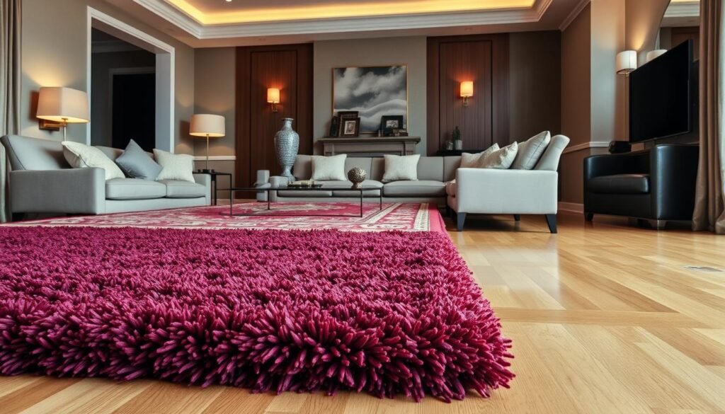 A luxurious living room showcases a captivating layered rug arrangement. In the foreground, a plush, deep-pile shag rug in a rich burgundy hue anchors the space, its soft texture inviting bare feet. Atop it, a vintage Persian rug in vibrant jewel tones adds a sumptuous, layered look, complementing the room's elegant, high-end aesthetic. In the background, a sleek hardwood floor provides a polished foundation, while warm, diffused lighting from modern sconces casts a cozy, sophisticated glow throughout the space. The overall effect is one of refined luxury, elevating the humble rug into a stunning, focal design element.