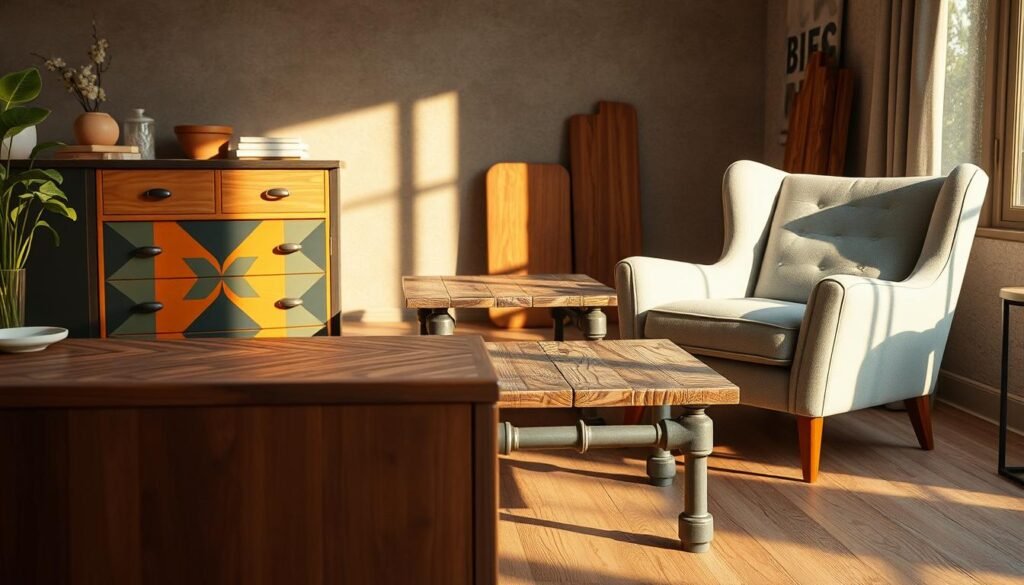 A meticulously crafted, high-quality photorealistic image of advanced upcycling projects, showcasing a collection of repurposed and transformed furniture pieces. In the foreground, a stunning midcentury-inspired dresser with a vibrant, hand-painted geometric pattern adorns the surface. In the middle ground, a rustic, industrial-chic coffee table made from reclaimed wood and metal pipes stands out. In the background, a beautifully refurbished armchair with a new upholstered seat and backrest in a modern, minimalist design completes the scene. The lighting is soft and natural, casting warm, golden tones across the room, enhancing the texture and depth of the upcycled items. The overall atmosphere is one of creativity, sustainability, and a harmonious blend of old and new.