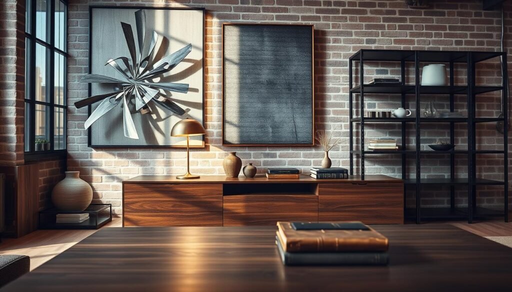 A meticulously crafted industrial chic artwork adorning a modern urban living room. In the foreground, a large metal and glass frame displays an abstract metal sculpture, its bold shapes and textures casting dramatic shadows. In the middle ground, a sleek wooden console table showcases an eclectic mix of vintage-inspired accessories - a weathered brass lamp, a ceramic vase, and a worn leather-bound book. The background features exposed brick walls and minimalist steel shelving, bathed in warm, moody lighting that sets an atmosphere of refined, sophisticated style.