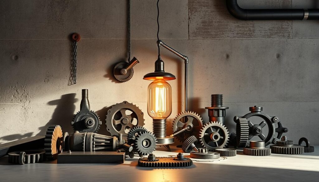 A minimalist industrial-style vignette featuring a variety of utilitarian design elements. In the foreground, a collection of rugged metal tools, gears, and machine parts are arranged in a visually striking composition, casting dramatic shadows. In the middle ground, a sleek metal lamp with a warm, exposed filament illuminates the scene, creating a soft, moody ambiance. The background is dominated by a textured concrete wall, with hints of exposed brick and piping, conveying a sense of urban, loft-like elegance. The overall lighting is a balance of directional, high-contrast illumination and softer, ambient glow, resulting in a captivating, high-quality photorealistic image that captures the essence of industrial-inspired decor.